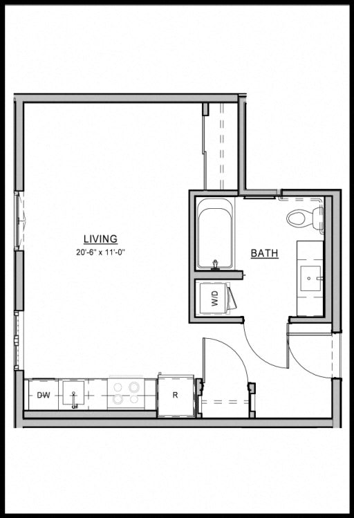 A black and white image of a living room floor plan.