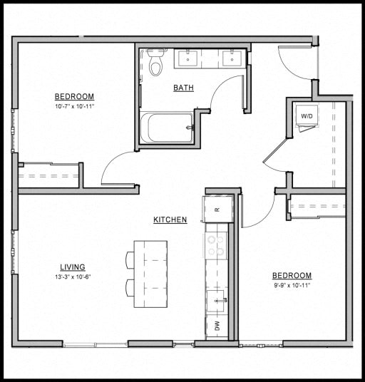 A black and white image of a floor plan for a small apartment.