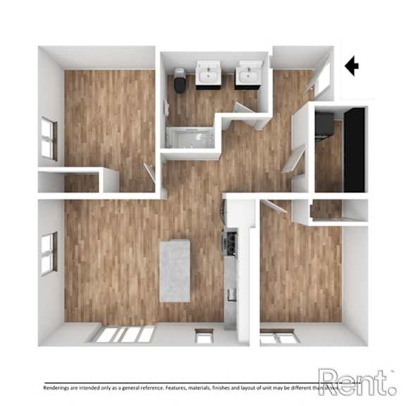 A 3D rendered image of a modern apartment layout.