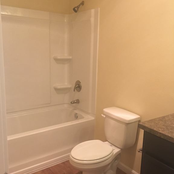 A white toilet is mounted above a white bathtub.