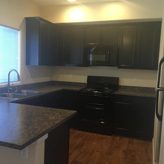 A black refrigerator freezer is on the left and a black oven is on the right.