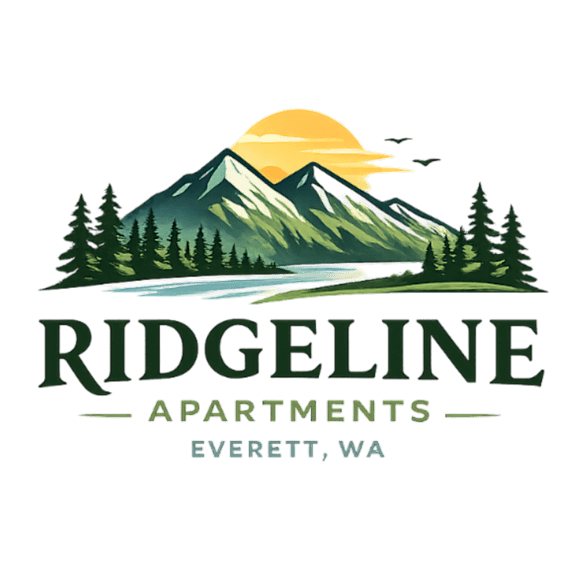 A mountain landscape with the text "RIDGELINE APARTMENTS EVERETT, WA" in the foreground.