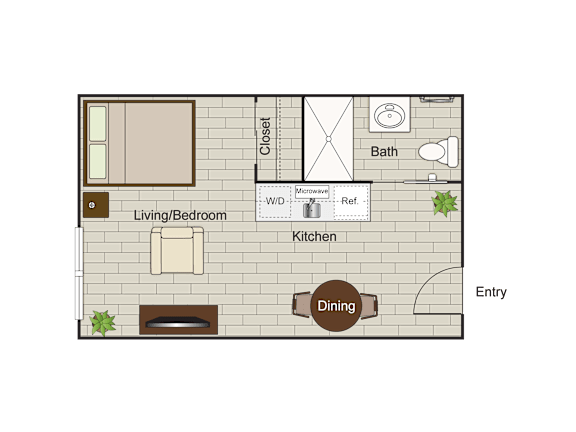 A floor plan of a small apartment with a living room, dining area, kitchen, and bathroom.