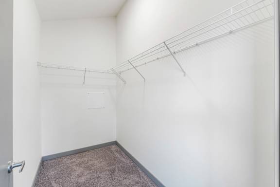 A room with a carpeted floor and a wall-mounted shelf.