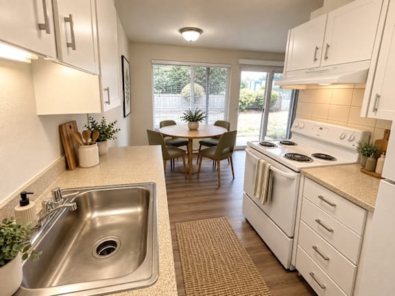 A kitchen with white cabinets and a stainless steel sink.
