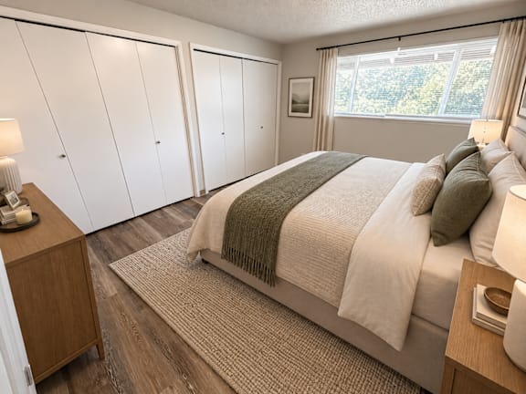 A bedroom with a large bed and a window with curtains.