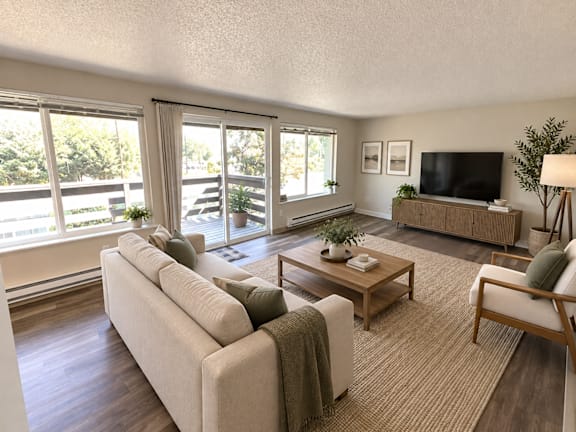 A living room with a couch, a coffee table, and a television.
