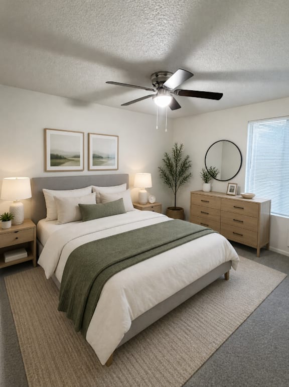 Floor Plan  A bedroom with a bed, nightstands, and a ceiling fan.