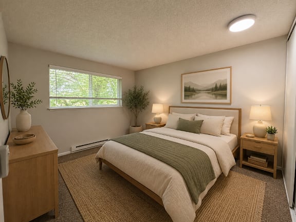 A bedroom with a large bed and a painting on the wall.