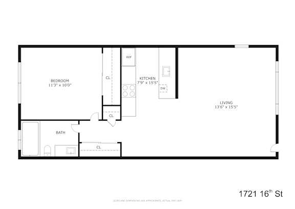 A floor plan of a property at 1721 16th St shows a bedroom, living room, kitchen, and bathroom.