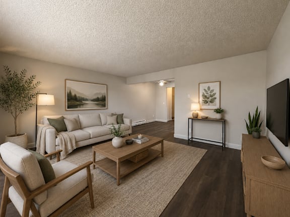 A living room with a white couch, a wooden coffee table, and a television.