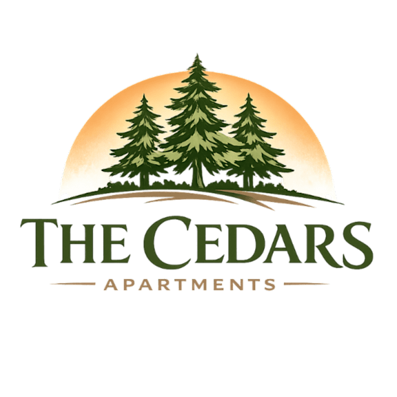 The Cedars Apartments logo features a forest silhouette against a sunset.