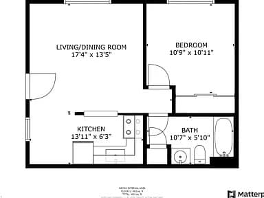 A black and white image of a floor plan for a small apartment.