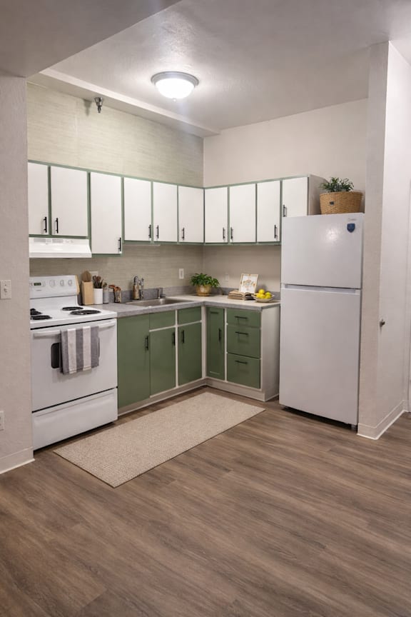 Virtually staged kitchen with decor and dining accents in Olympia WA apartment