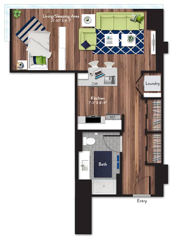 Studio 1 bath Floor Plan A1 at 1919 Market St., Philadelphia, PA, 19103