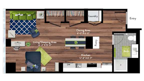 A floor plan of a house showing the layout of the kitchen, living room, dining area, bathroom, and laundry.