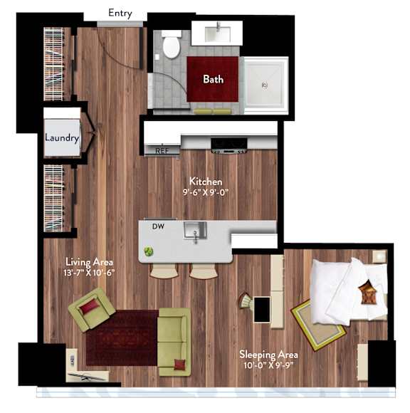 A floor plan of a small apartment with a living area, sleeping area, kitchen, bath, and laundry.