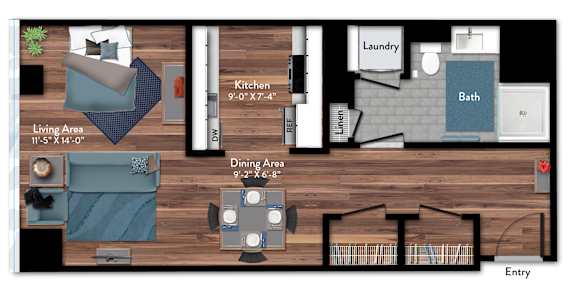 A floor plan of a small apartment with a living area, dining area, kitchen, bathroom, and laundry room.