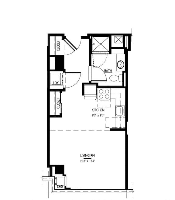 A floor plan of a small apartment with a living room, kitchen, and bathroom.