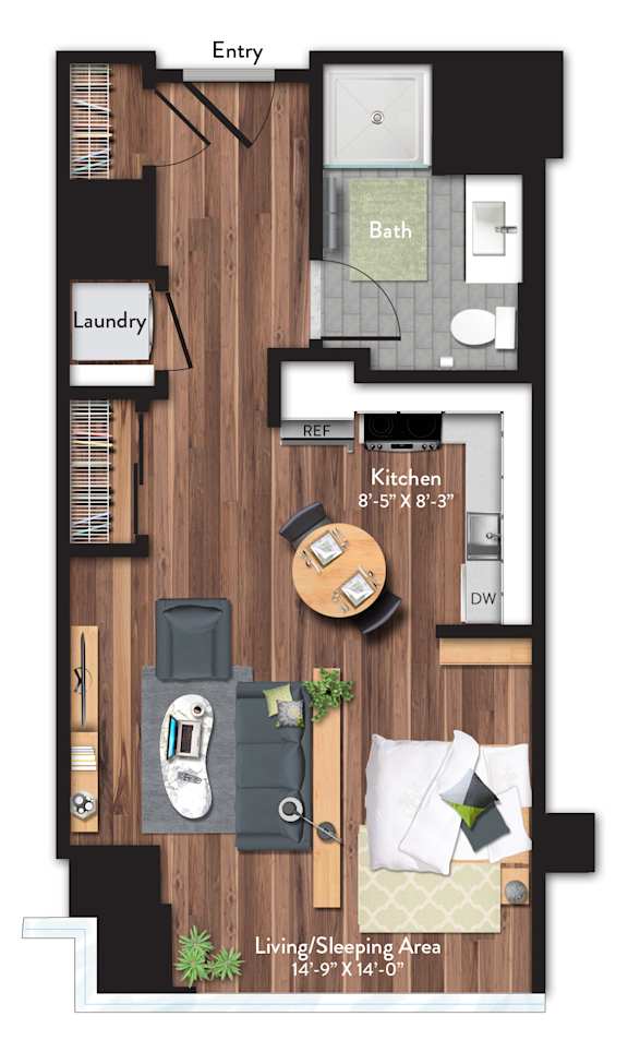 A floor plan of a small apartment with a living/sleeping area, kitchen, bathroom, and laundry room.