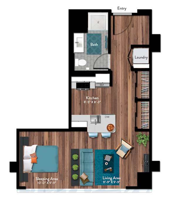 A floor plan of a small apartment with a sleeping area, living area, kitchen, bath, and laundry.