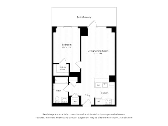 A floor plan of a house with a bedroom, living/dining room, kitchen, bathroom, and entry.