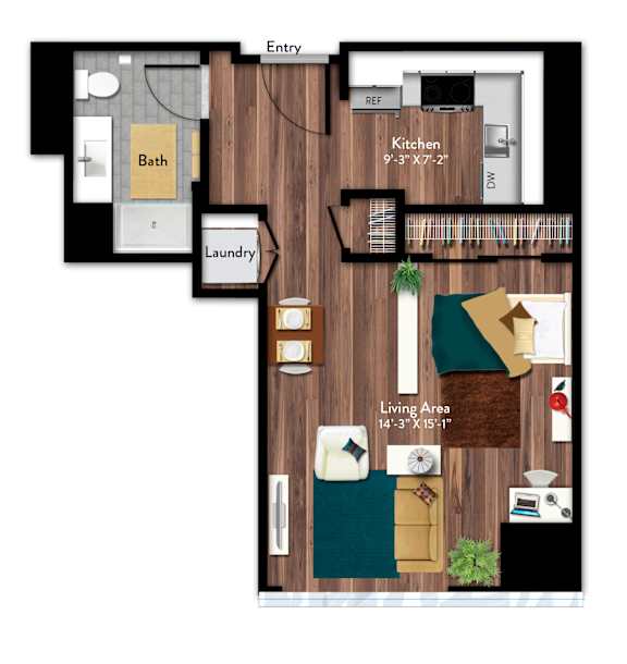 A floor plan of a house with a living area, kitchen, bathroom, and laundry room.