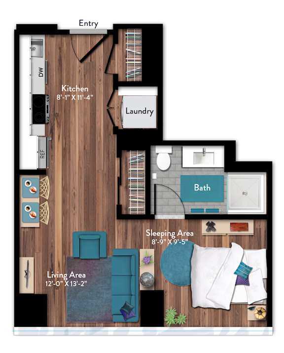 A floor plan of a small apartment with a living area, kitchen, bathroom, and sleeping area.
