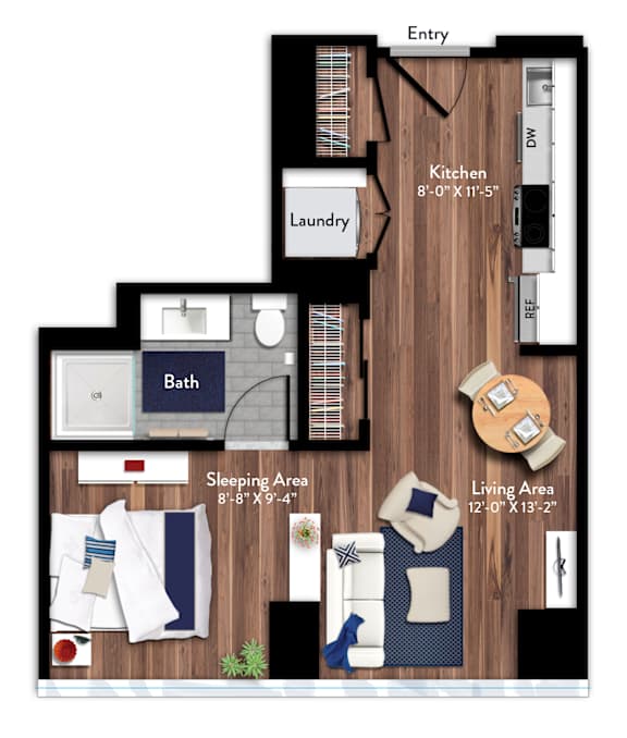 A floor plan of a small apartment with a sleeping area, living area, kitchen, and bath.