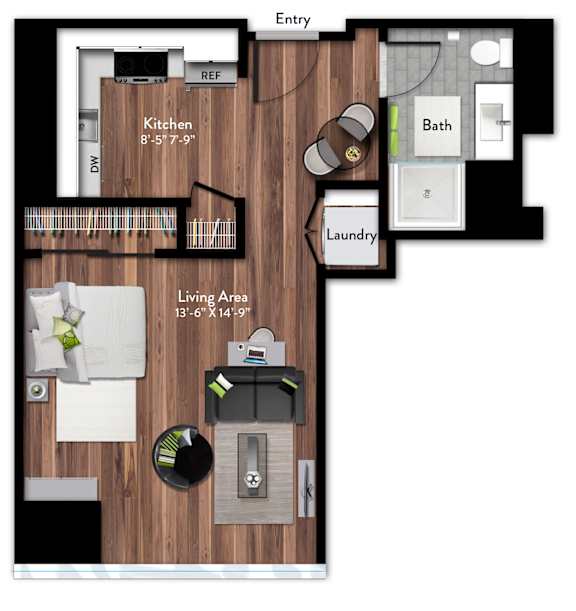 A floor plan of a living space with a kitchen, bathroom, and laundry area.
