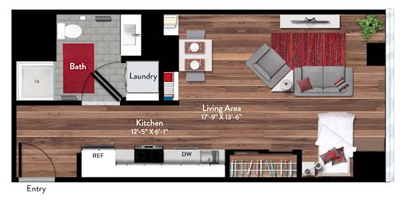 A floor plan of a house showing the layout of the kitchen, living area, and bathroom.