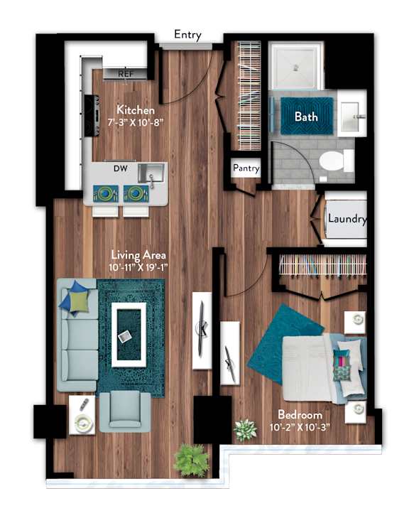 A floor plan of a living space showing a kitchen, bathroom, pantry, laundry, and bedroom.