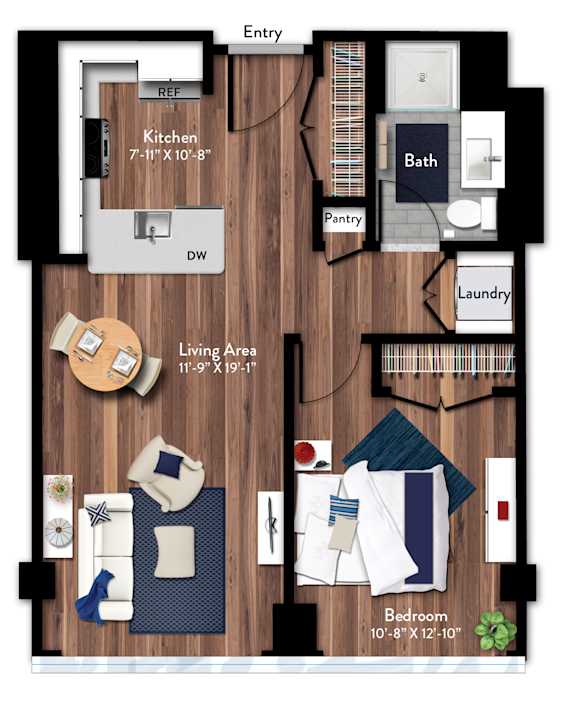 A floor plan of a small apartment with a living area, kitchen, bathroom, pantry, and bedroom.