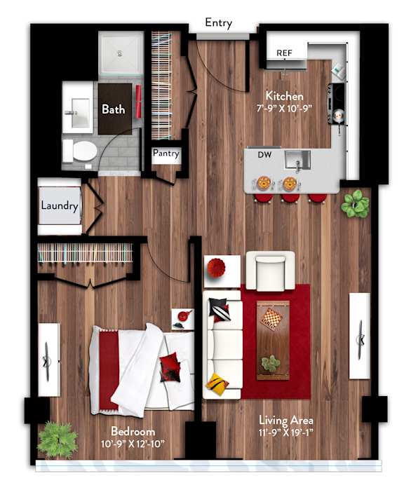 A floor plan of a small apartment with a living area, bedroom, kitchen, pantry, and laundry room.