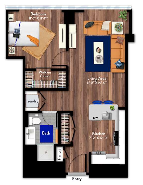 A floor plan of a house showing the layout of the bedroom, bathroom, kitchen, pantry, laundry, and living area.
