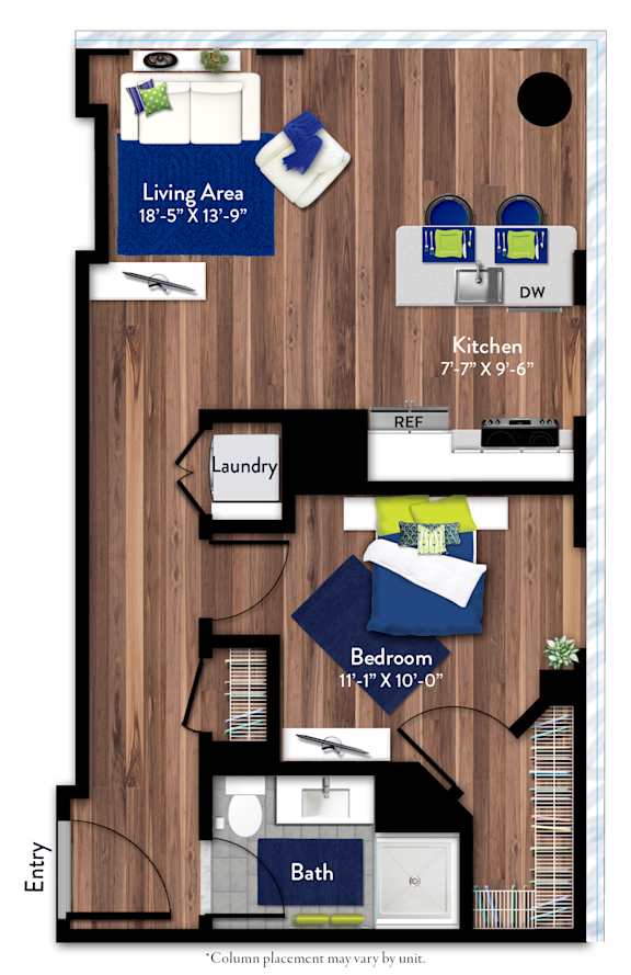 A floor plan of a one bedroom apartment with a living area, kitchen, bath, and laundry room.