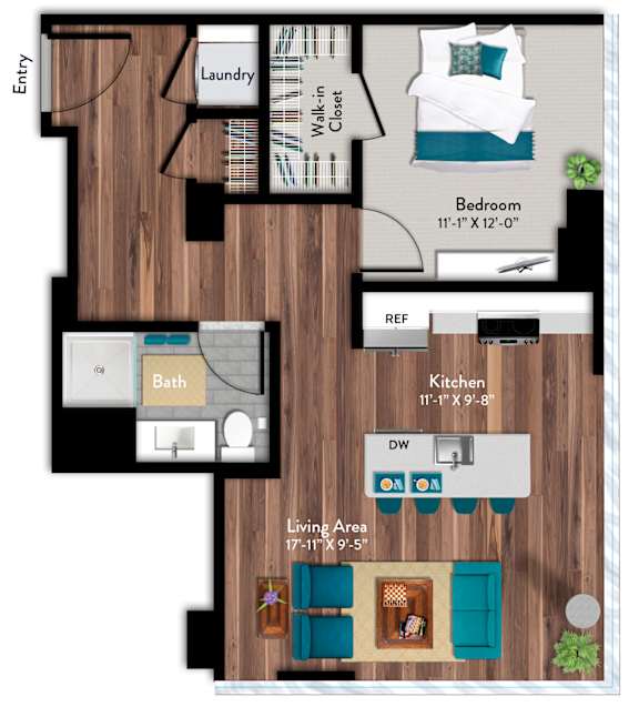 A floor plan of a living space with a bedroom, bathroom, and kitchen.