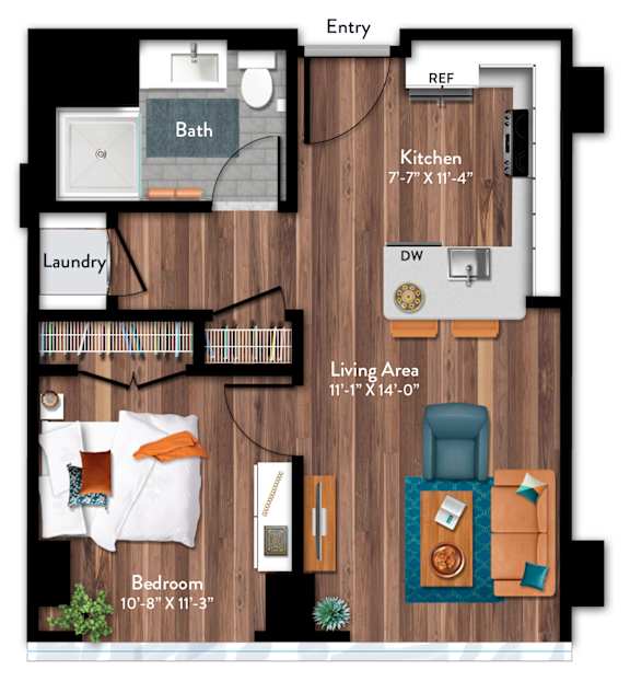 A floor plan of a small apartment with a bedroom, living area, kitchen, and laundry room.