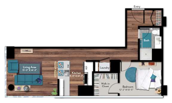 A floor plan of a small apartment with a living area, kitchen, bathroom, and bedroom.