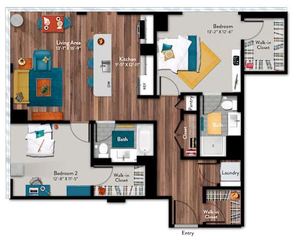 A floor plan of a house with a living area, kitchen, bath, laundry, and two bedrooms.