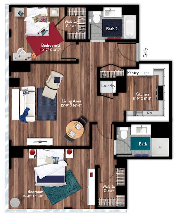 A floor plan of a house with three bedrooms, a living area, a kitchen, a pantry, a laundry room, and a bathroom.
