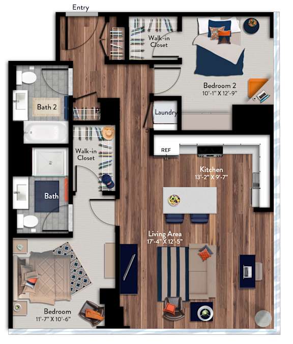 A floor plan of an apartment with a living area, kitchen, two bedrooms, a bathroom, and a laundry room.