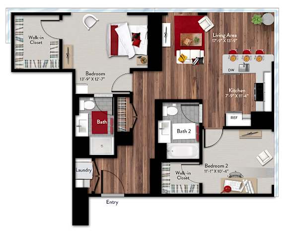 A floor plan of a house with a living area, kitchen, two bedrooms, a bathroom, laundry, and a walk-in closet.