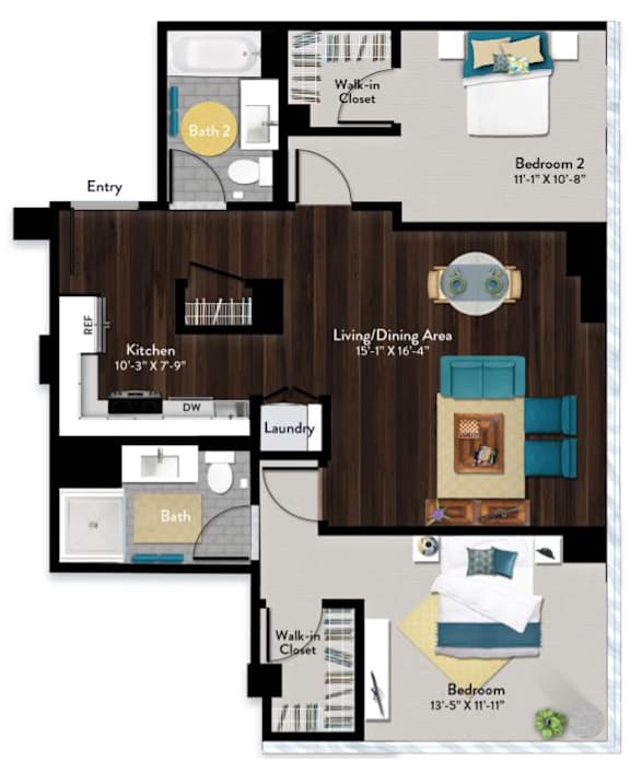 A floor plan of a home with a living room, dining room, kitchen, and two bedrooms.