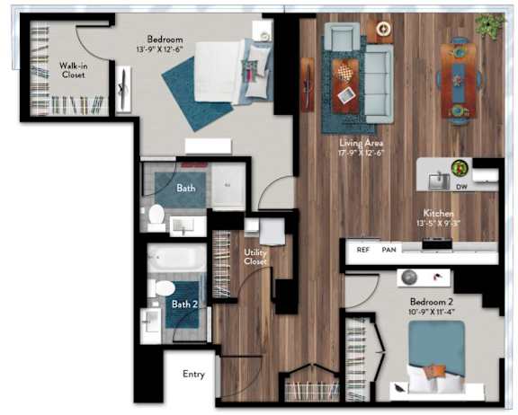 A detailed floor plan of a two-bedroom apartment with a living area, kitchen, bathrooms, and entry.