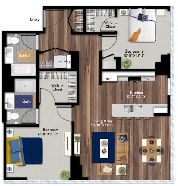 A floor plan of a house with a living area, two bedrooms, a bathroom, a laundry room, a kitchen, and a walk-in closet.