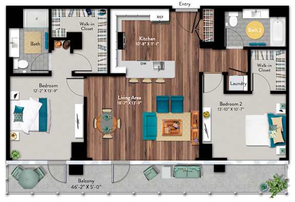 A floor plan of a house with two bedrooms, a living area, a kitchen, a bathroom, a laundry room, and a balcony.