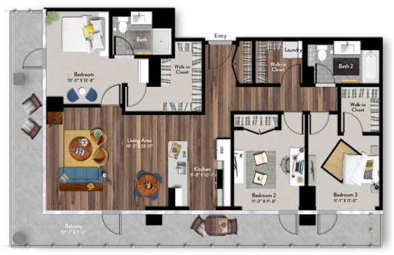 A floor plan of a house with three bedrooms, a living area, and a bathroom.