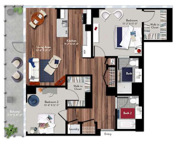 A floor plan of a house with two bedrooms, a living area, a kitchen, a bathroom, a laundry room, and a balcony.