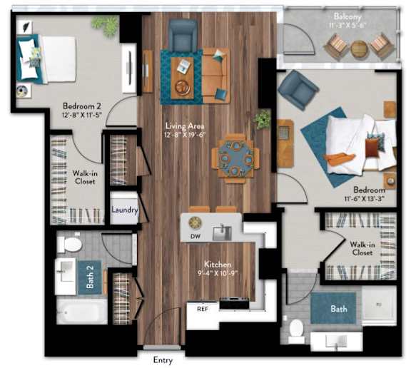 A floor plan of a home layout with a living area, kitchen, and two bedrooms.